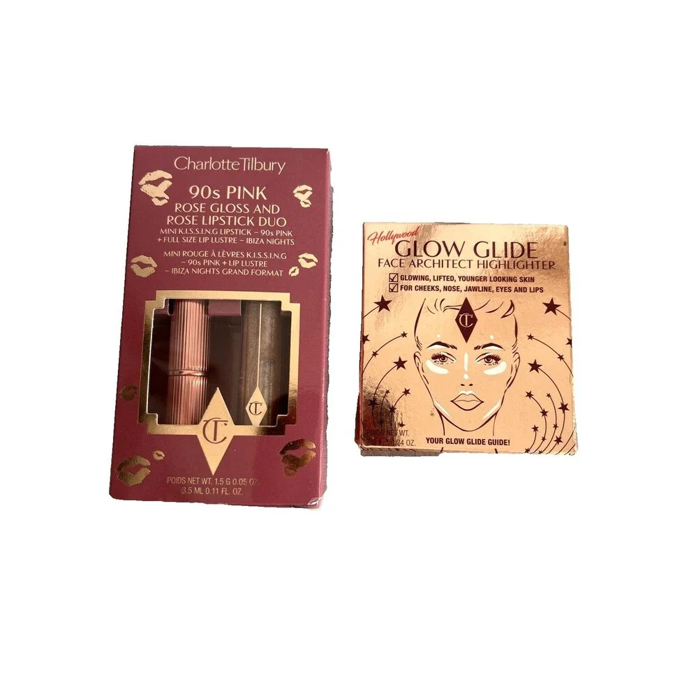 Charlotte Tilbury LOT of 2 Rose Gold Glow Highlighter, 90s Pink Lipstick & Gloss